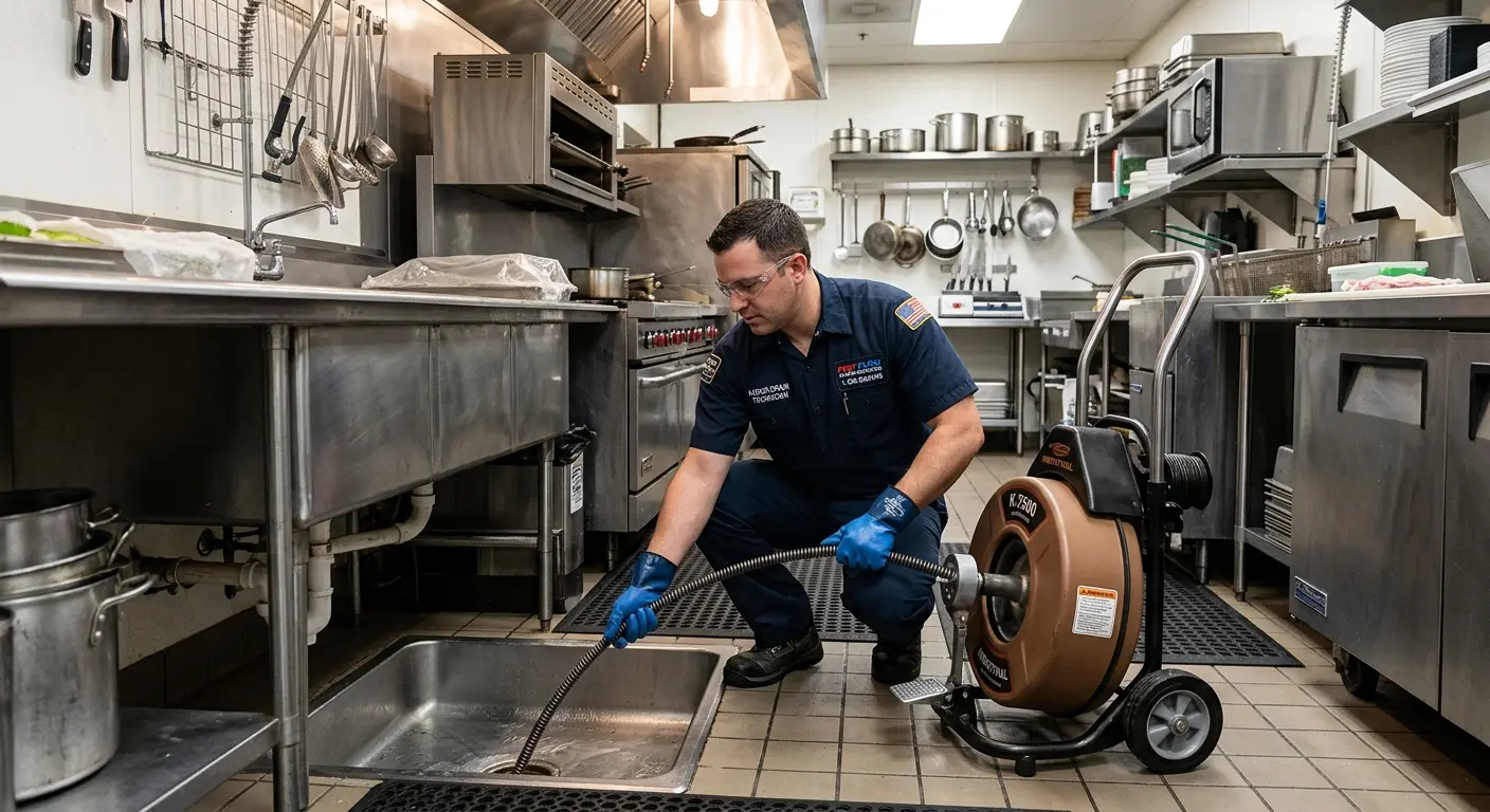 Commercial drain cleaning service in a restaurant kitchen in Parlier