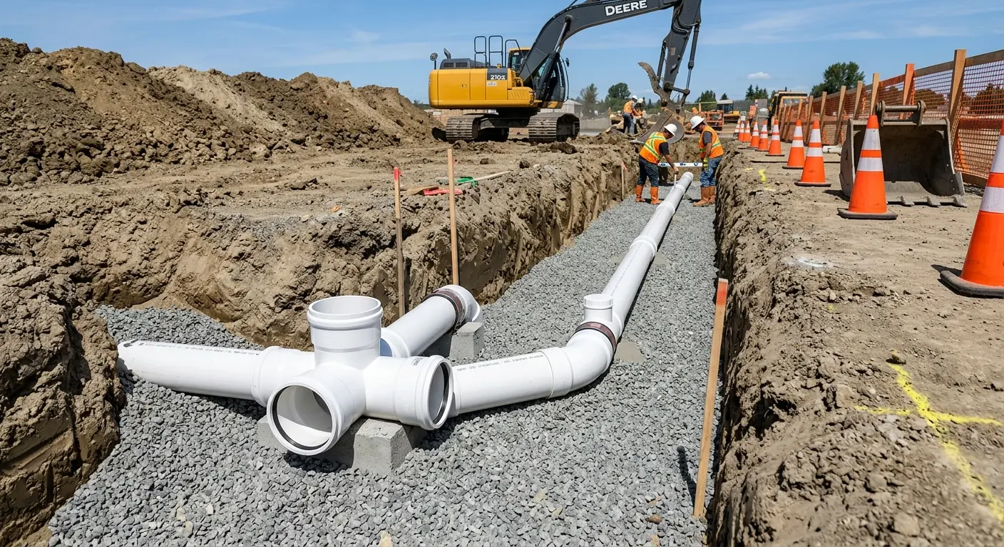 New PVC sewer pipe installation in open trench for Grease Trap Cleaning in Parlier