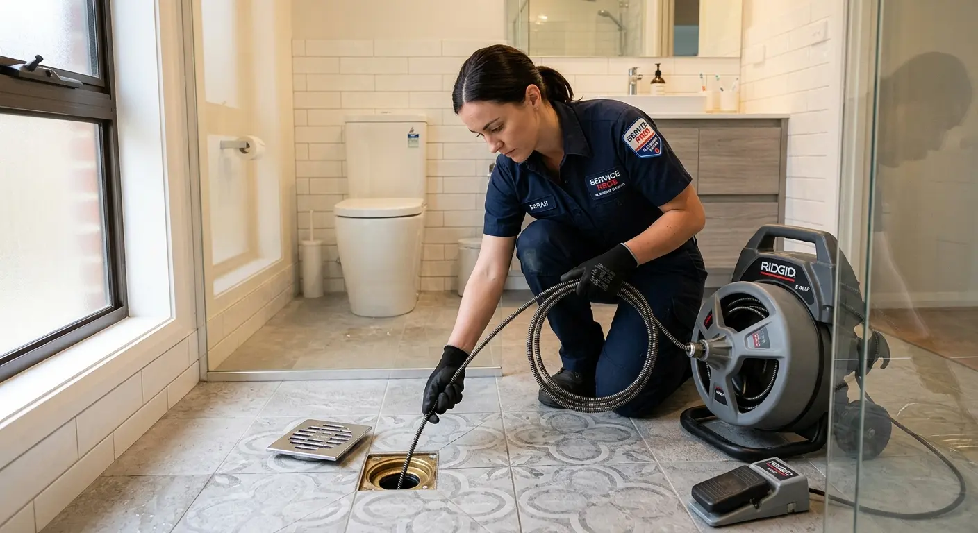 Technician clearing a bathroom floor drain for Sewer Line Replacement in Parlier